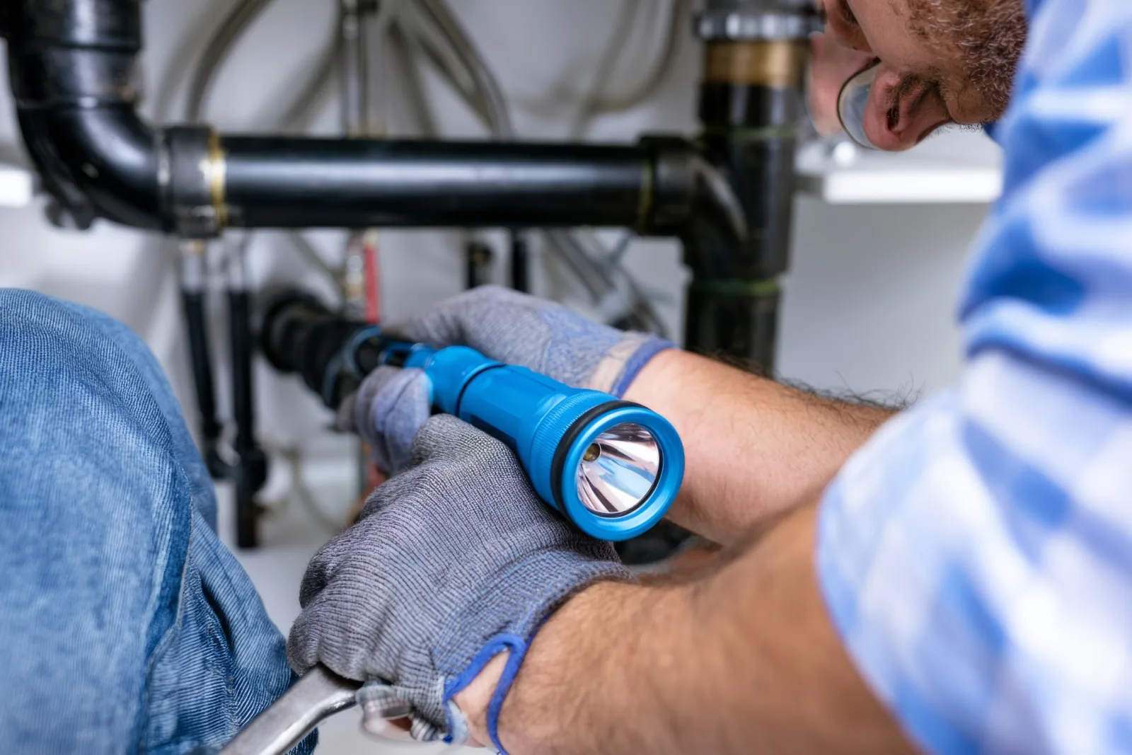 Plombier ModEnergy 276 inspectant les canalisations sous un évier à la lampe avant réparation, à Ménesqueville